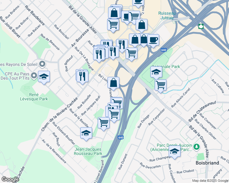map of restaurants, bars, coffee shops, grocery stores, and more near 1660 Boulevard Lionel Bertrand in Boisbriand