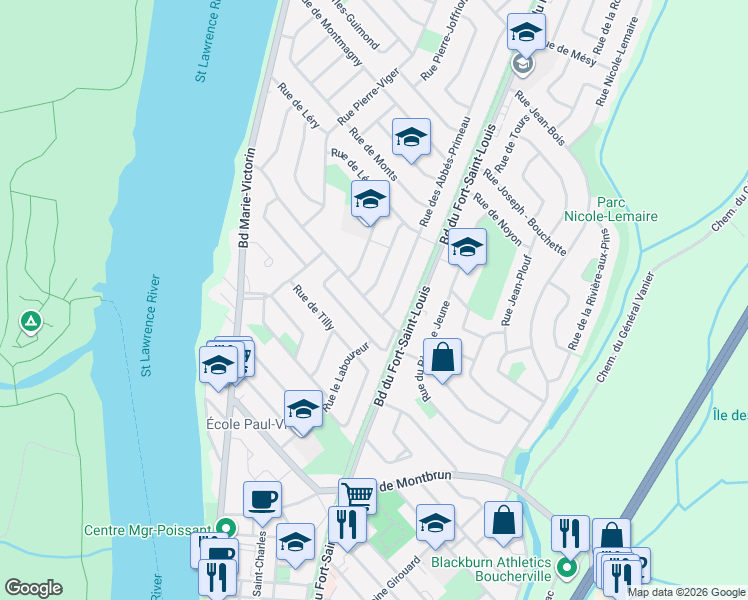 map of restaurants, bars, coffee shops, grocery stores, and more near 79 Rue de Varennes Nord in Boucherville