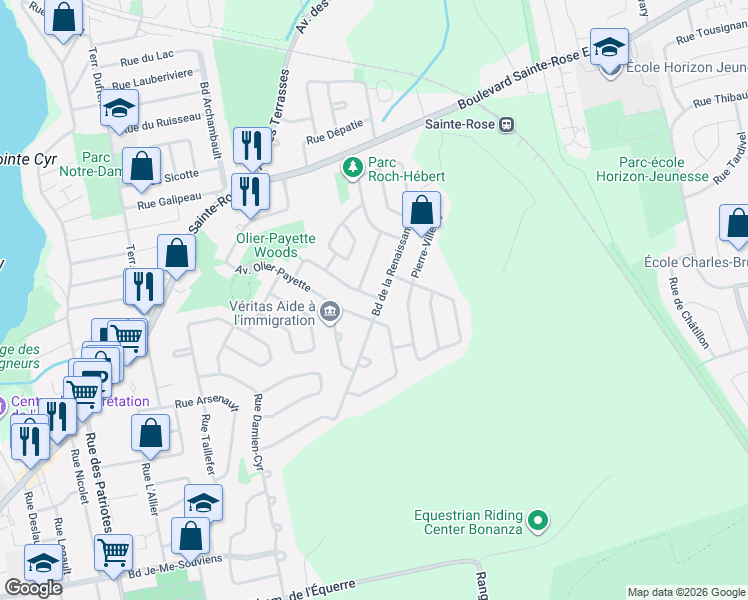 map of restaurants, bars, coffee shops, grocery stores, and more near 4691 Boulevard de la Renaissance in Laval