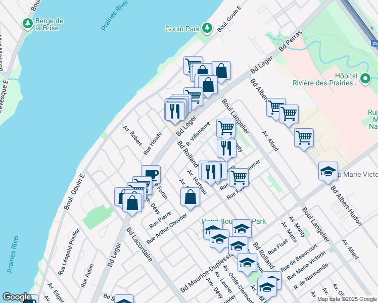 map of restaurants, bars, coffee shops, grocery stores, and more near 12431 Boulevard Rolland in Montréal
