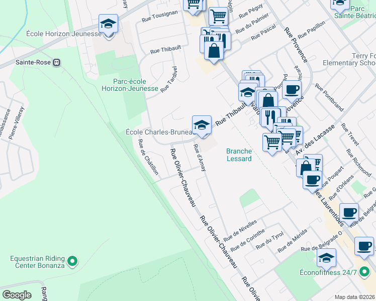 map of restaurants, bars, coffee shops, grocery stores, and more near 2985 Rue de Pompéi in Laval