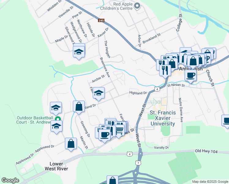 map of restaurants, bars, coffee shops, grocery stores, and more near 51 Braemore Avenue in Antigonish