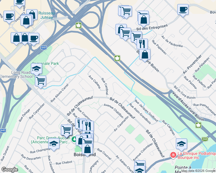 map of restaurants, bars, coffee shops, grocery stores, and more near 1020 Avenue Cardinal in Boisbriand
