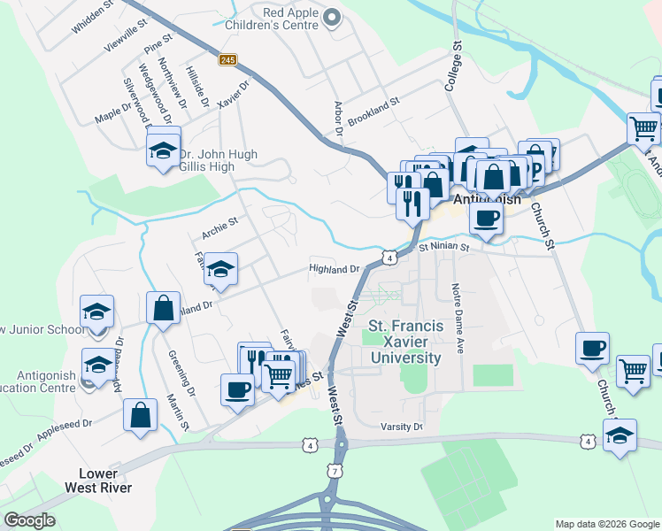 map of restaurants, bars, coffee shops, grocery stores, and more near 27 Highland Drive in Antigonish