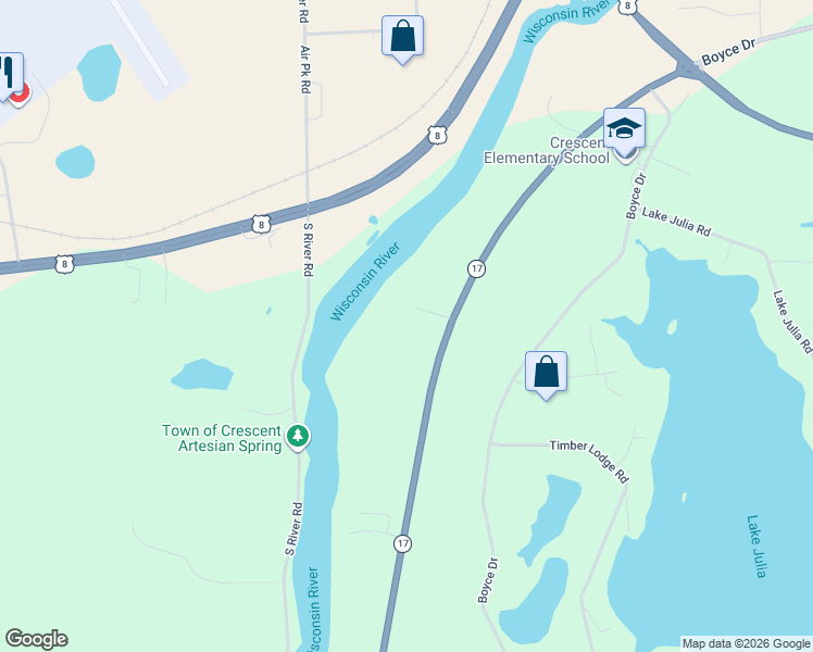 map of restaurants, bars, coffee shops, grocery stores, and more near 5707 Justin Lane in Rhinelander