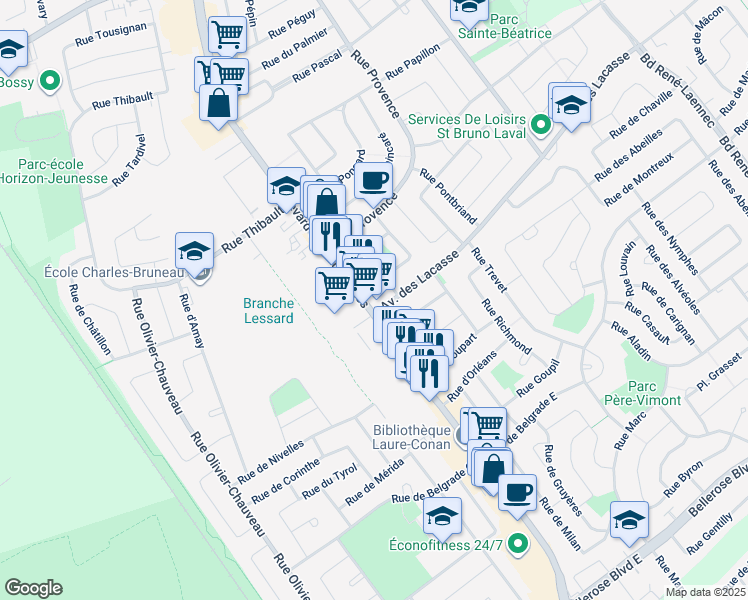 map of restaurants, bars, coffee shops, grocery stores, and more near 5023 Boulevard des Laurentides in Laval