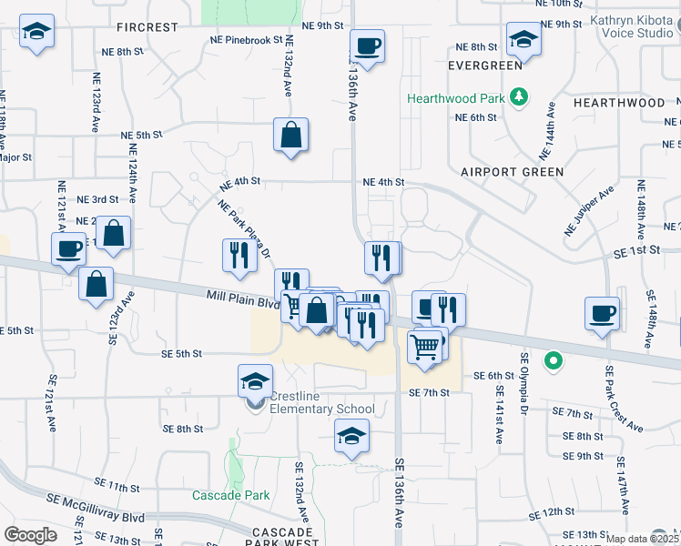 map of restaurants, bars, coffee shops, grocery stores, and more near 300 Southeast Stone Mill Drive in Vancouver