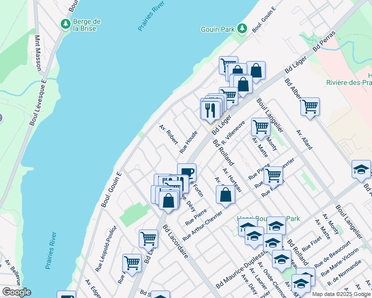 map of restaurants, bars, coffee shops, grocery stores, and more near 6070 Rue Houde in Montréal