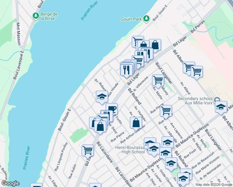 map of restaurants, bars, coffee shops, grocery stores, and more near 6143 Boulevard Léger in Montrã©Al