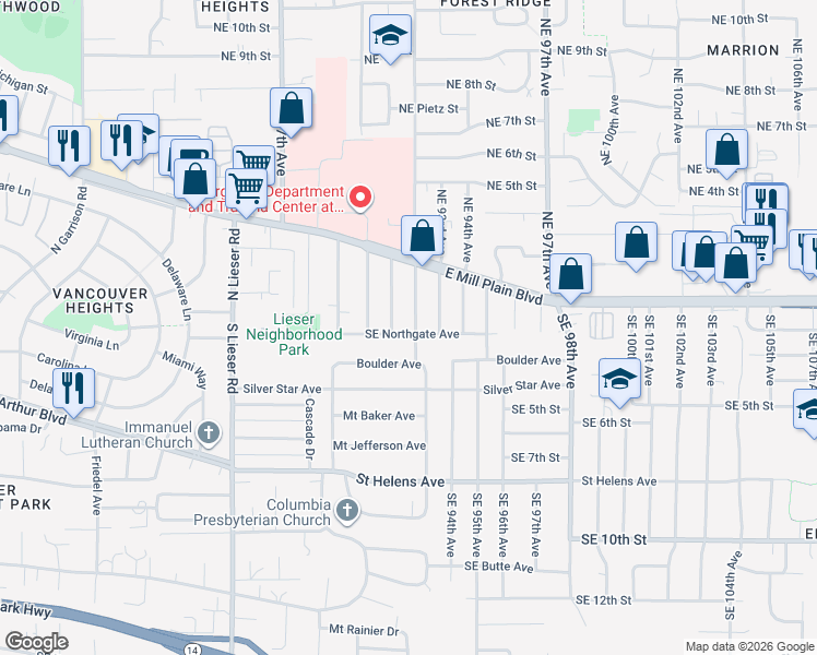 map of restaurants, bars, coffee shops, grocery stores, and more near 102 Northeast 92nd Avenue in Vancouver