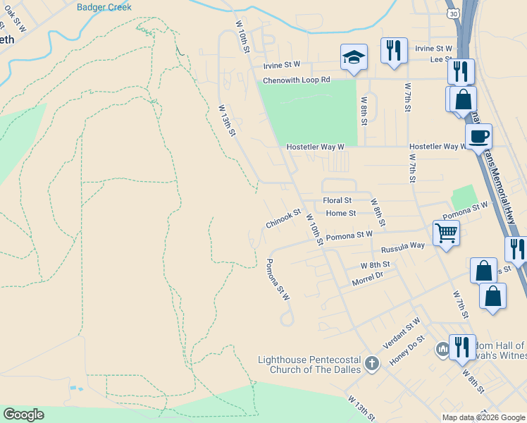 map of restaurants, bars, coffee shops, grocery stores, and more near 3236 West 12th Street in The Dalles