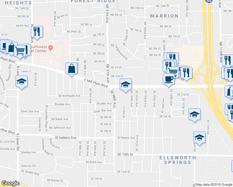 map of restaurants, bars, coffee shops, grocery stores, and more near 9719 East Mill Plain Boulevard in Vancouver