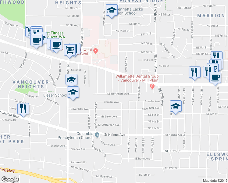 map of restaurants, bars, coffee shops, grocery stores, and more near 102 Northeast 92nd Avenue in Vancouver