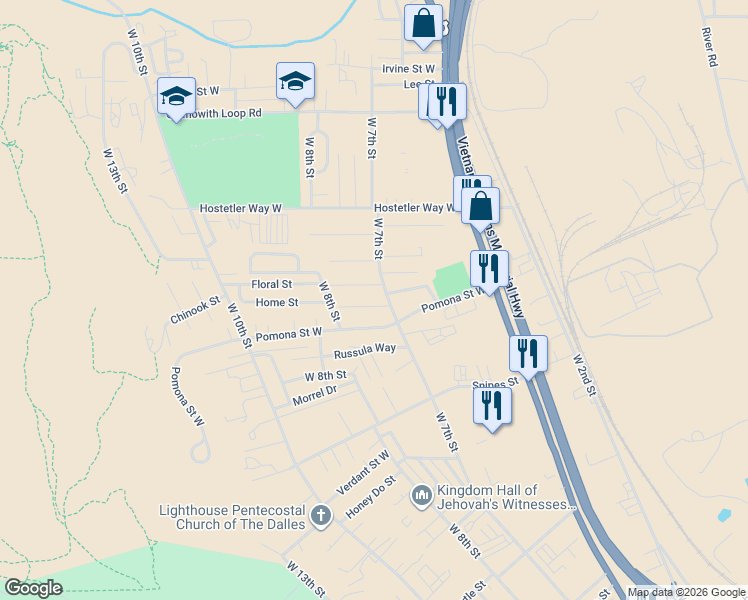 map of restaurants, bars, coffee shops, grocery stores, and more near 817 Floral Court in The Dalles