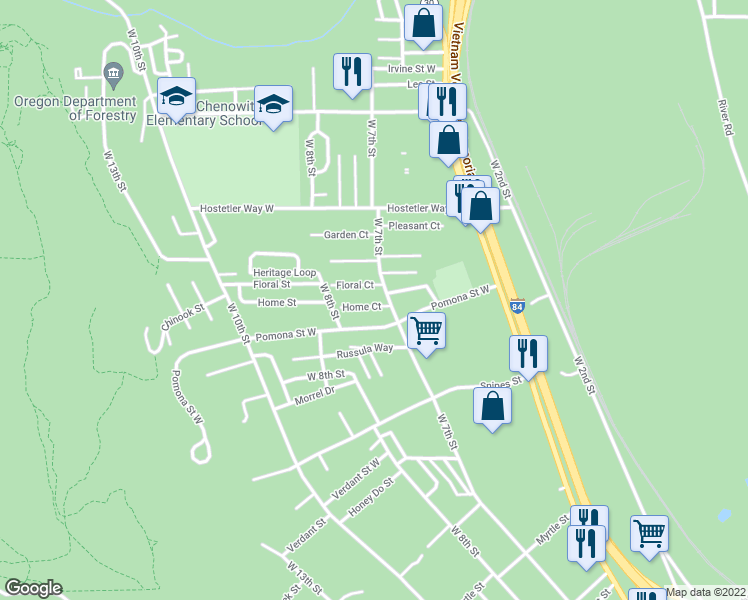 map of restaurants, bars, coffee shops, grocery stores, and more near 813 Home Court in The Dalles