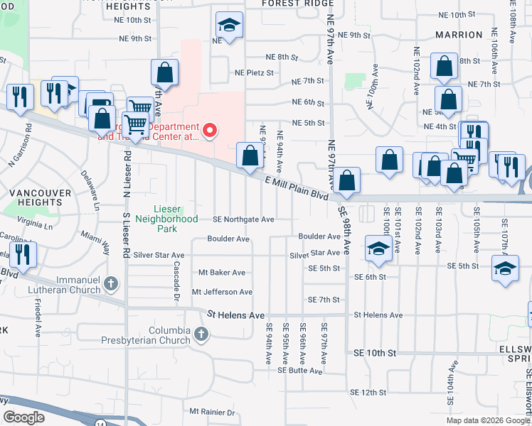 map of restaurants, bars, coffee shops, grocery stores, and more near 113 Southeast 93rd Avenue in Vancouver