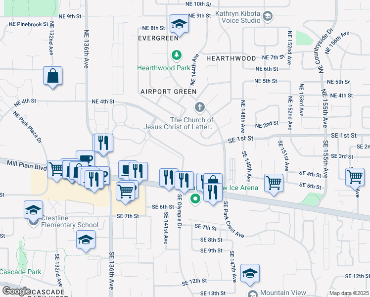 map of restaurants, bars, coffee shops, grocery stores, and more near 14301 Southeast 1st Street in Vancouver