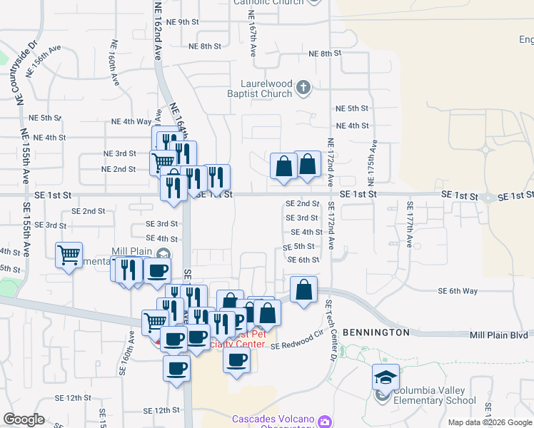 map of restaurants, bars, coffee shops, grocery stores, and more near 16801 Southeast 1st Street in Vancouver