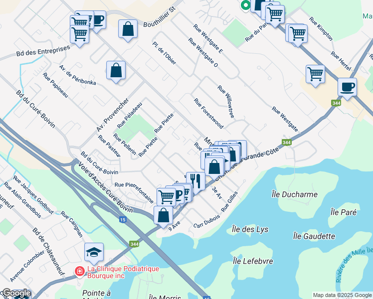 map of restaurants, bars, coffee shops, grocery stores, and more near 309 Rue Pépin in Boisbriand