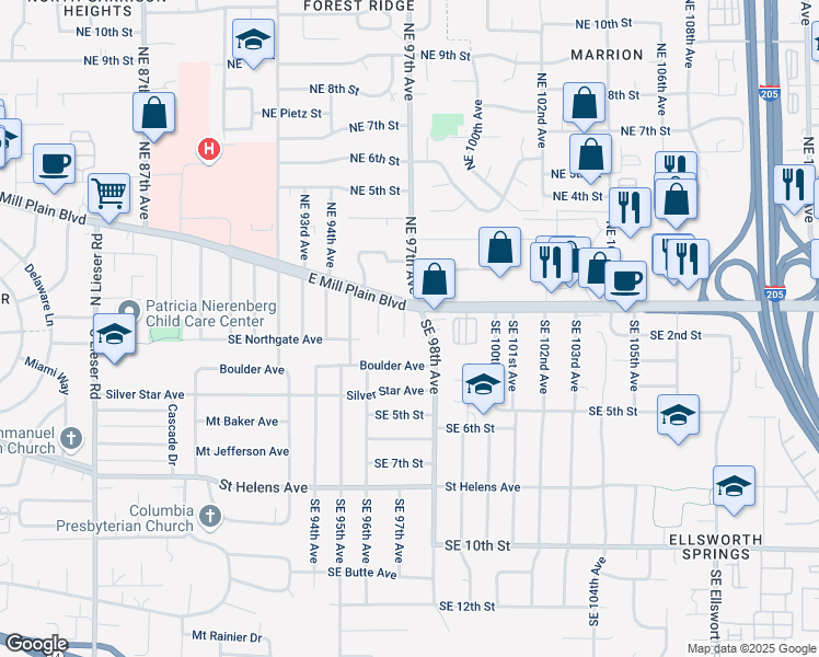 map of restaurants, bars, coffee shops, grocery stores, and more near 9603 East Mill Plain Boulevard in Vancouver