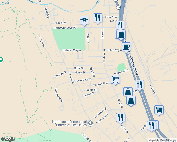 map of restaurants, bars, coffee shops, grocery stores, and more near 915 Home Street in The Dalles