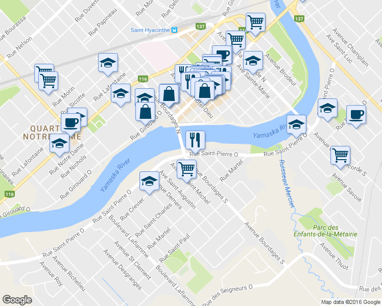 map of restaurants, bars, coffee shops, grocery stores, and more near 2030 Rue Saint-Pierre Ouest in Saint-Hyacinthe