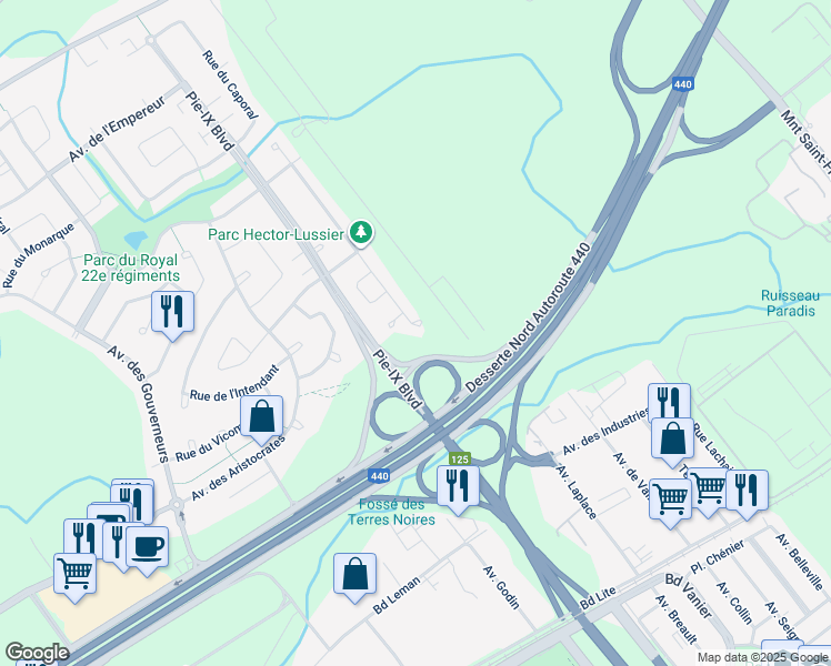 map of restaurants, bars, coffee shops, grocery stores, and more near 3086 Rue Hector - Lussier in Laval