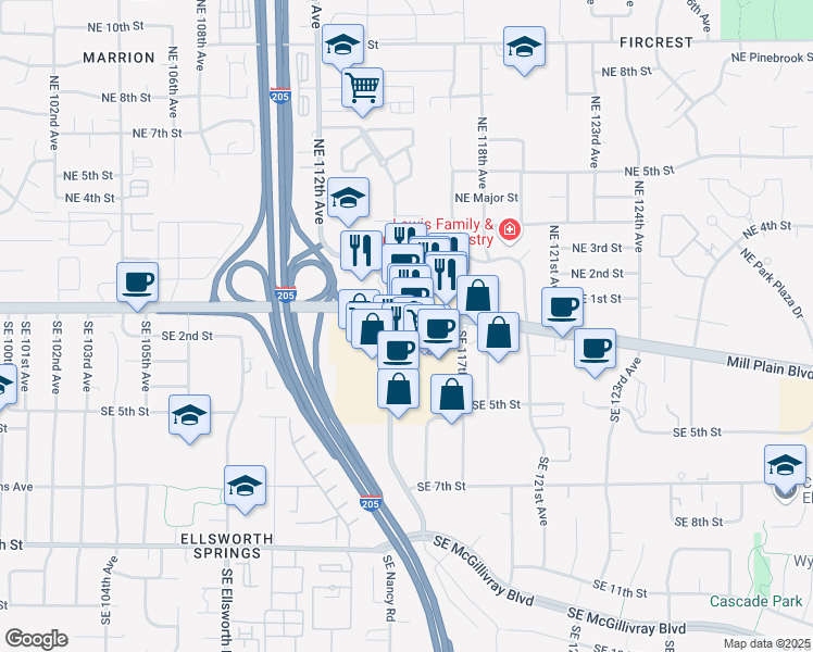 map of restaurants, bars, coffee shops, grocery stores, and more near 205 Southeast Chkalov Drive in Vancouver