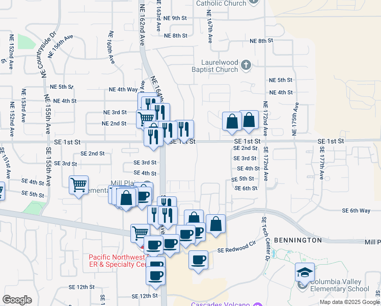 map of restaurants, bars, coffee shops, grocery stores, and more near 16541 Southeast 1st Street in Vancouver
