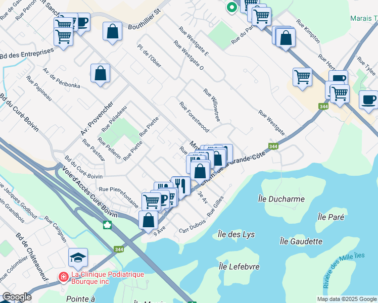 map of restaurants, bars, coffee shops, grocery stores, and more near 276 Rue Pagnol in Boisbriand