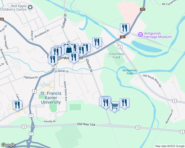 map of restaurants, bars, coffee shops, grocery stores, and more near Church Street in Antigonish