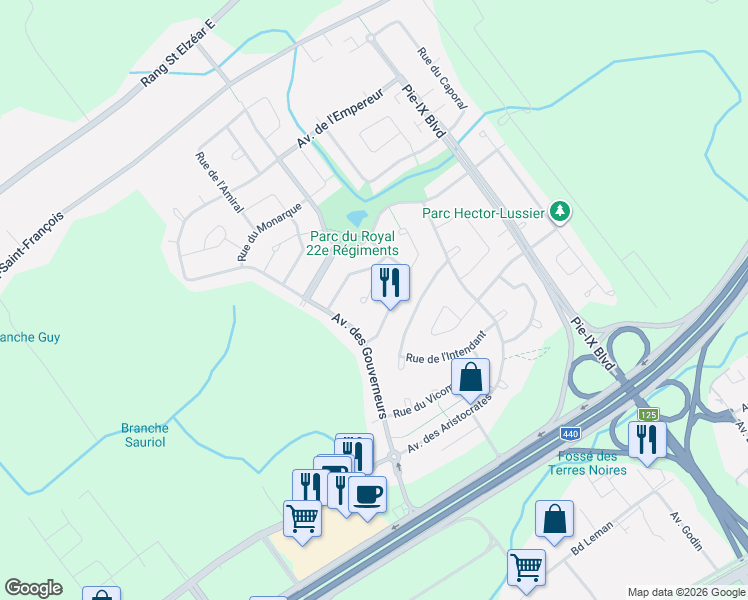 map of restaurants, bars, coffee shops, grocery stores, and more near 3221 Rue du Consul in Laval