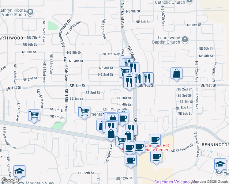 map of restaurants, bars, coffee shops, grocery stores, and more near 16119 Southeast 1st Street in Vancouver
