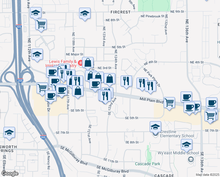 map of restaurants, bars, coffee shops, grocery stores, and more near 12311 Southeast 1st Street in Vancouver