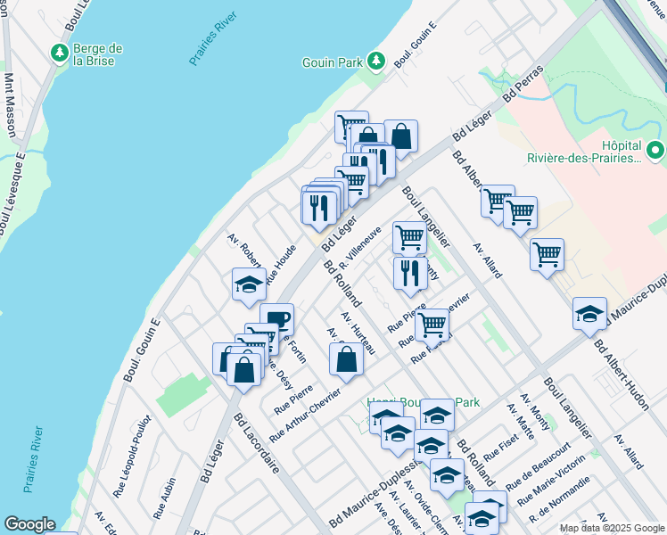 map of restaurants, bars, coffee shops, grocery stores, and more near 12451 Boulevard Rolland in Montreal