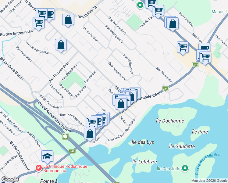 map of restaurants, bars, coffee shops, grocery stores, and more near 282 Rue Pagnol in Boisbriand
