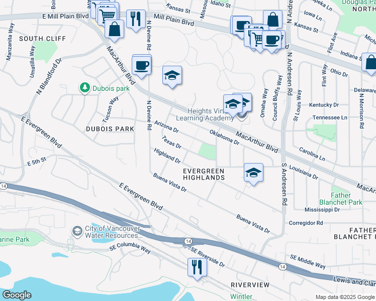 map of restaurants, bars, coffee shops, grocery stores, and more near Texas Drive in Vancouver