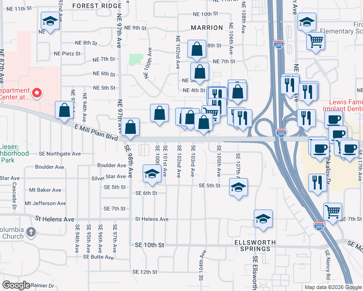 map of restaurants, bars, coffee shops, grocery stores, and more near 10115 Southeast Mill Plain Boulevard in Vancouver