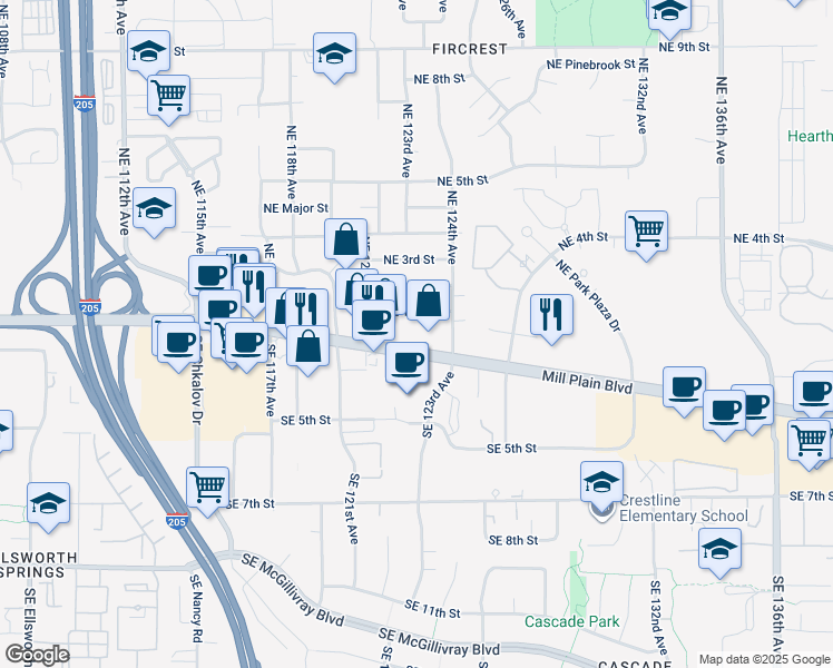 map of restaurants, bars, coffee shops, grocery stores, and more near 12203 Southeast 1st Street in Vancouver