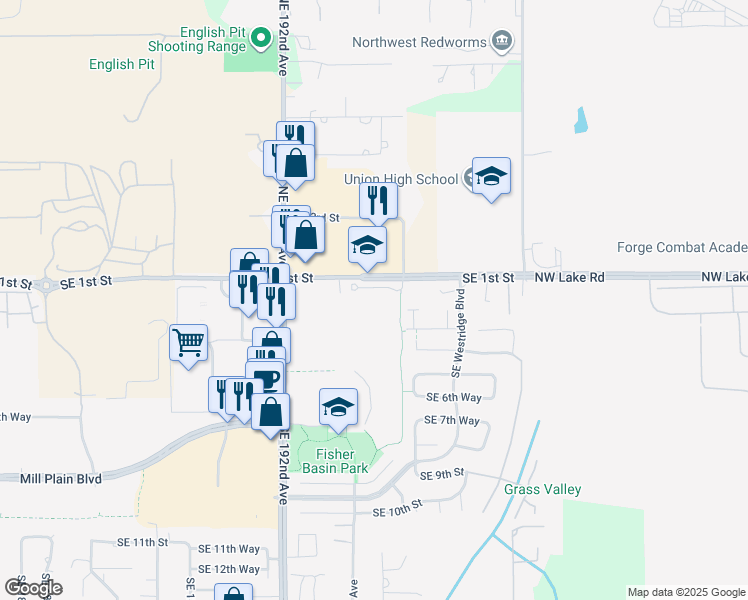 map of restaurants, bars, coffee shops, grocery stores, and more near 19401 Southeast 1st Street in Camas