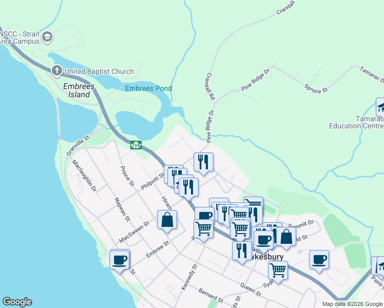 map of restaurants, bars, coffee shops, grocery stores, and more near 24 Macquarrie Drive in Port Hawkesbury