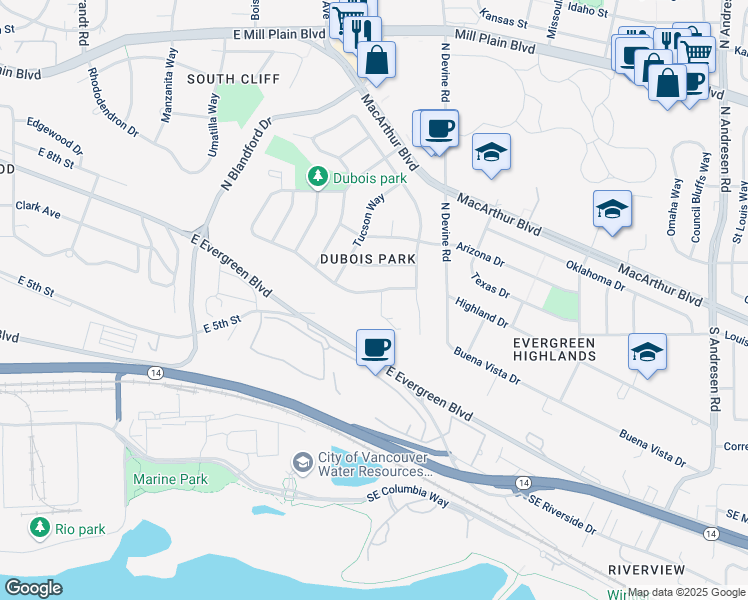 map of restaurants, bars, coffee shops, grocery stores, and more near 5300 Dubois Drive in Vancouver