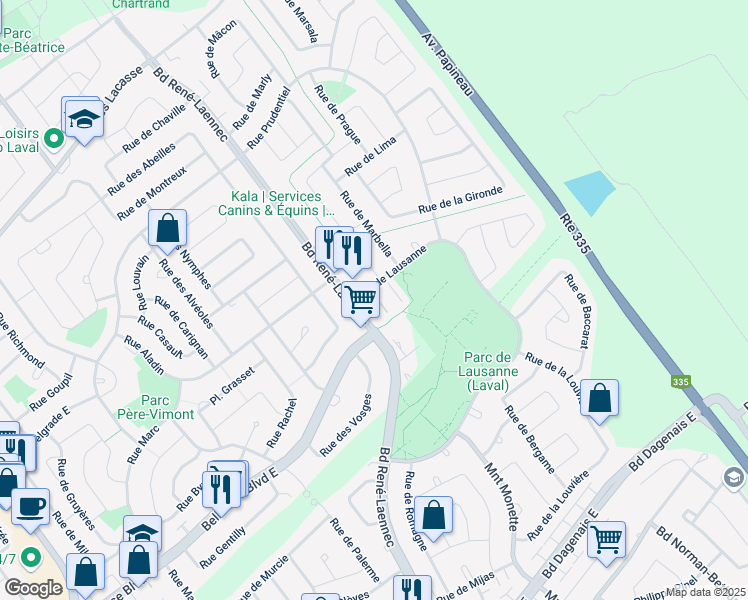 map of restaurants, bars, coffee shops, grocery stores, and more near 907 Rue de Lausanne in Laval