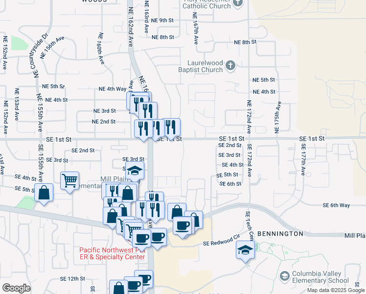 map of restaurants, bars, coffee shops, grocery stores, and more near 16541-16703 Southeast 1st Street in Vancouver