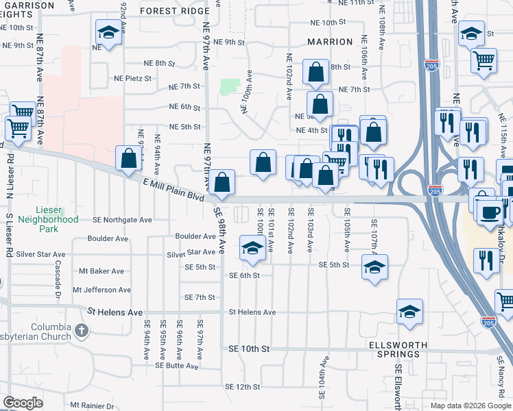 map of restaurants, bars, coffee shops, grocery stores, and more near 100 Southeast 100th Avenue in Vancouver