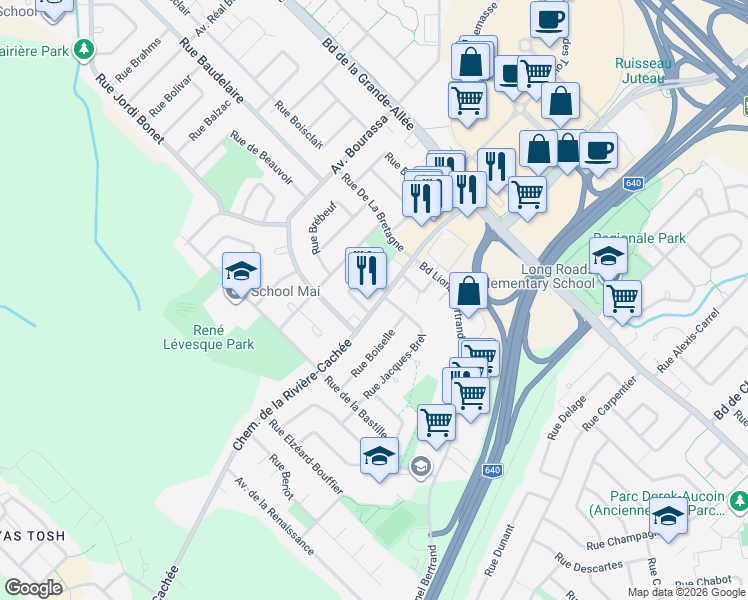 map of restaurants, bars, coffee shops, grocery stores, and more near 3148 Chemin de la Rivière Cachée in Boisbriand