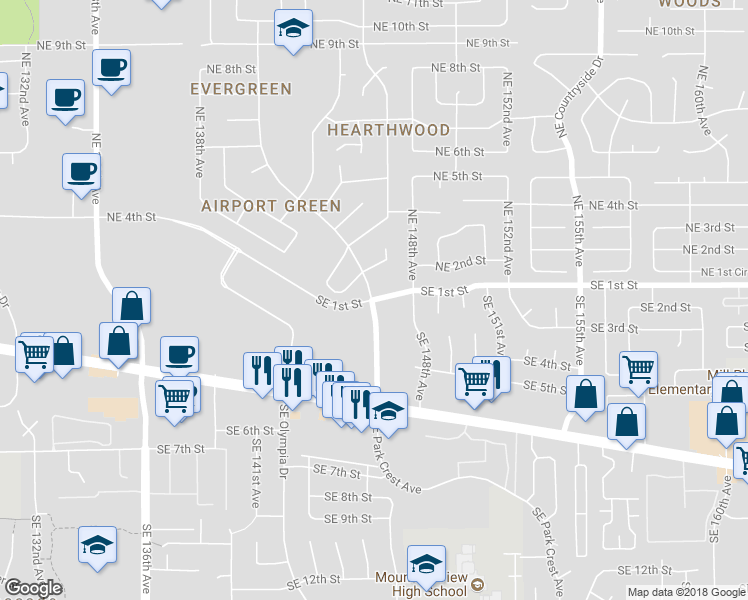 map of restaurants, bars, coffee shops, grocery stores, and more near 108 Southeast 1st Street in Vancouver