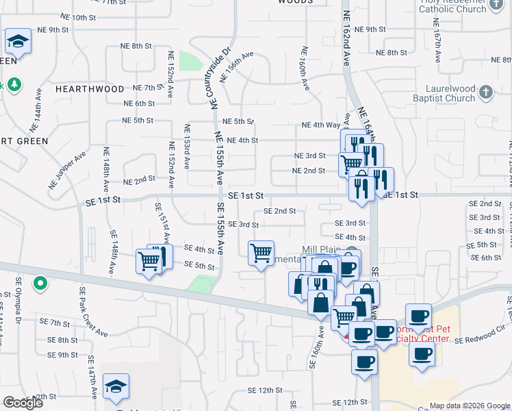 map of restaurants, bars, coffee shops, grocery stores, and more near 15616 Southeast 2nd Street in Vancouver