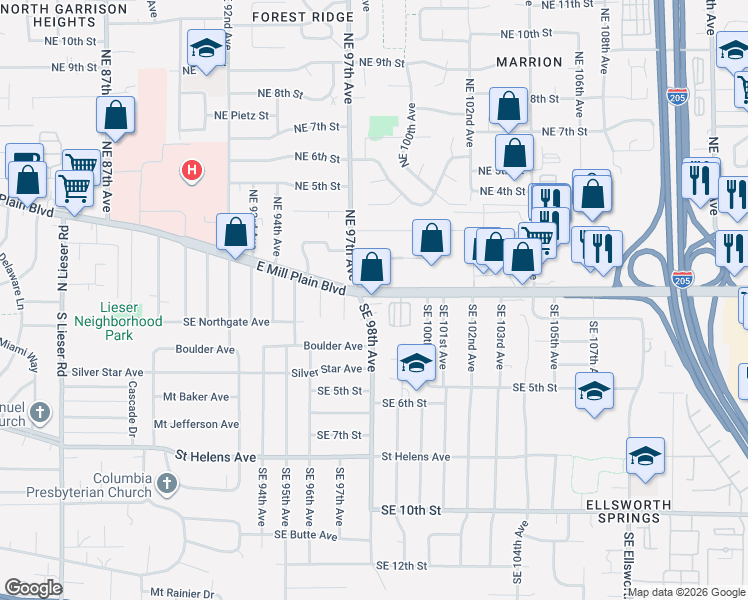 map of restaurants, bars, coffee shops, grocery stores, and more near 9719 East Mill Plain Boulevard in Vancouver