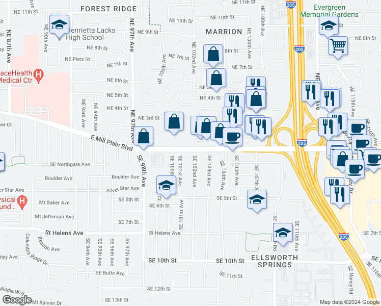 map of restaurants, bars, coffee shops, grocery stores, and more near 10115 Southeast Mill Plain Boulevard in Vancouver